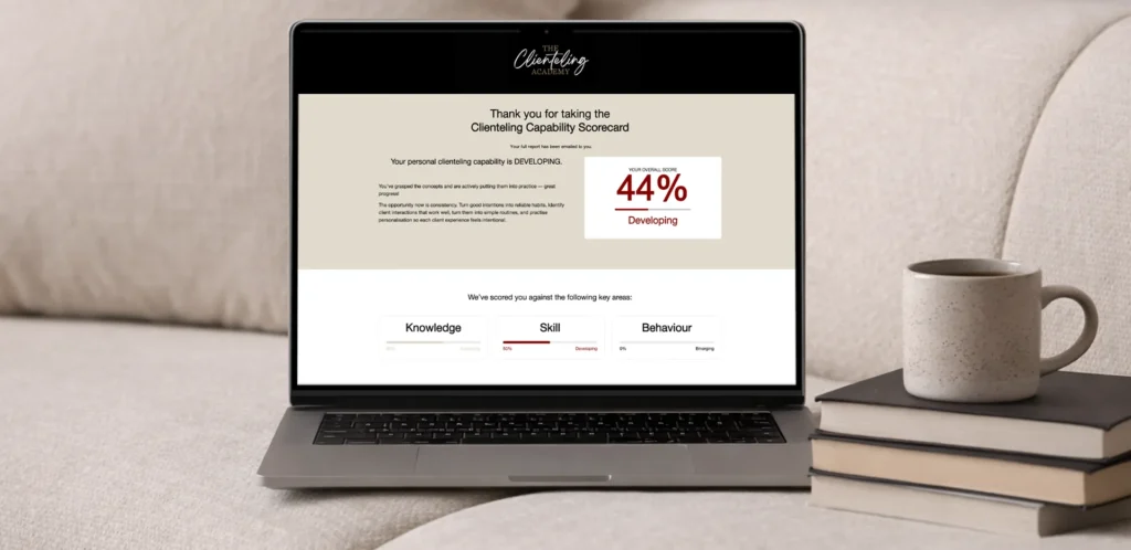 Example of the result page of Clienteling Capability Scorecard, invited browsers to complete the survey to assess their clienteling maturity.